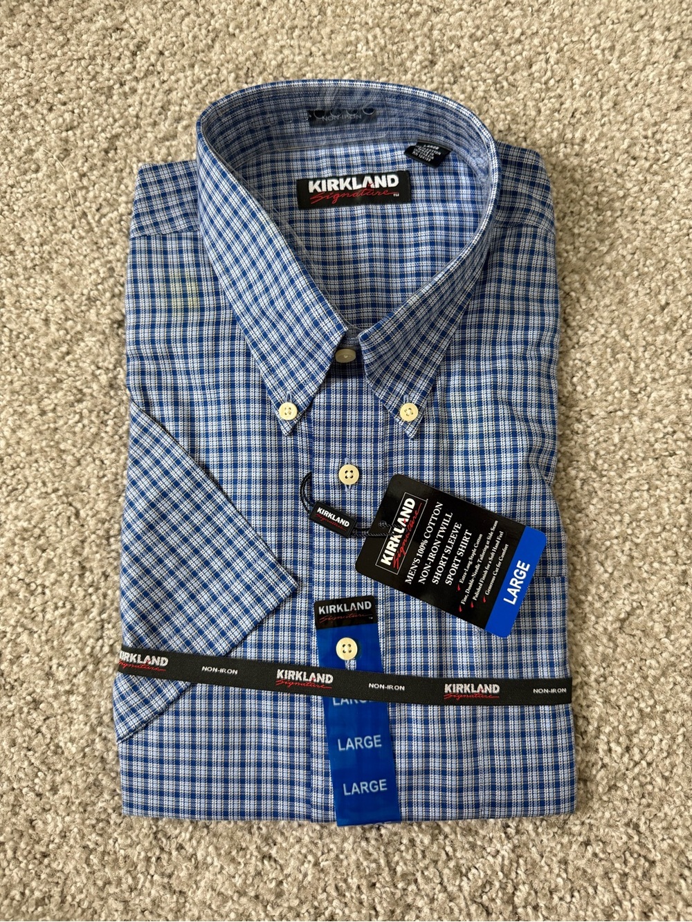Kirkland Signature Men's Blue and White Plaid Button-Down Shirt